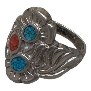Vintage Silver Ring Floral Southwestern Western Girls Turquoise Coral Chips 4.5
